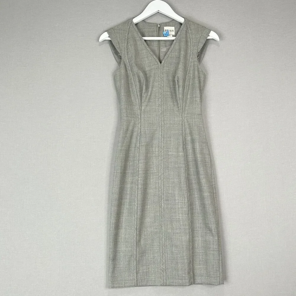 Reiss Rimini Tailored‎ Sheath Dress Womens 0 Gray Wool Blend Office Career Work